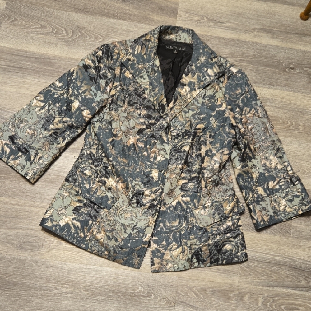 Lafayette 148 Green Gold Embossed Floral Blazer Sz 10